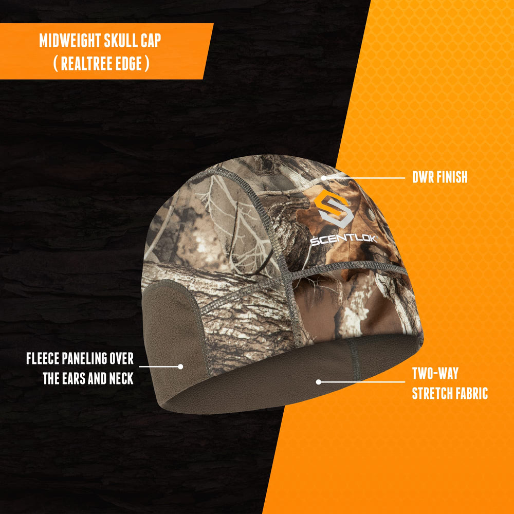 ScentLok Midweight Skull Cap from RealTree Edge, side view, durable fit for long hunts.