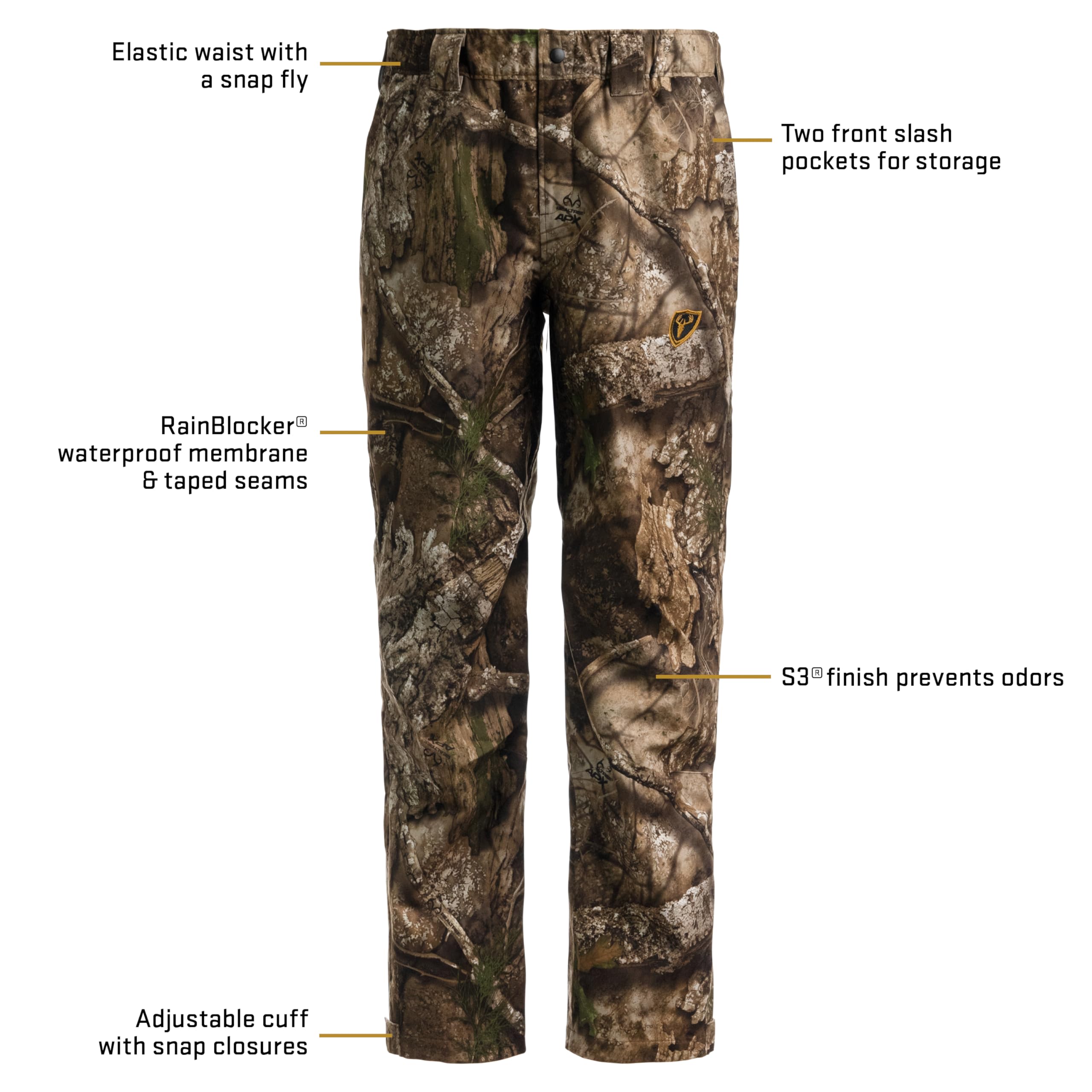 SCENTBLOCKER Drencher pants pocket detail shows secure storage for essentials in rain.