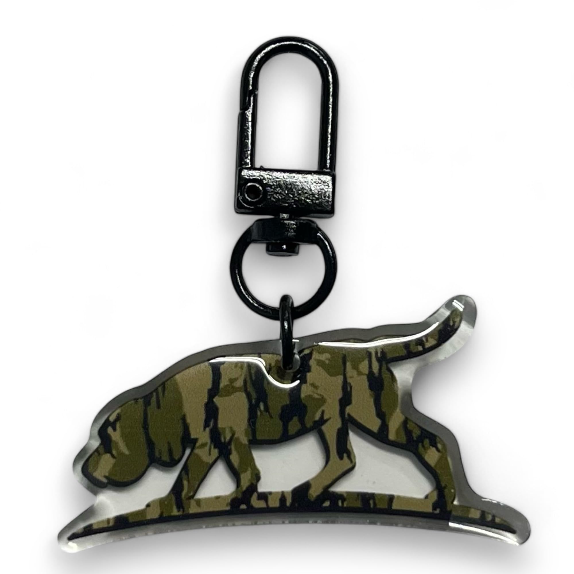 Scent South Dog Key Chain with camo hound on a swivel hook for easy key access.
