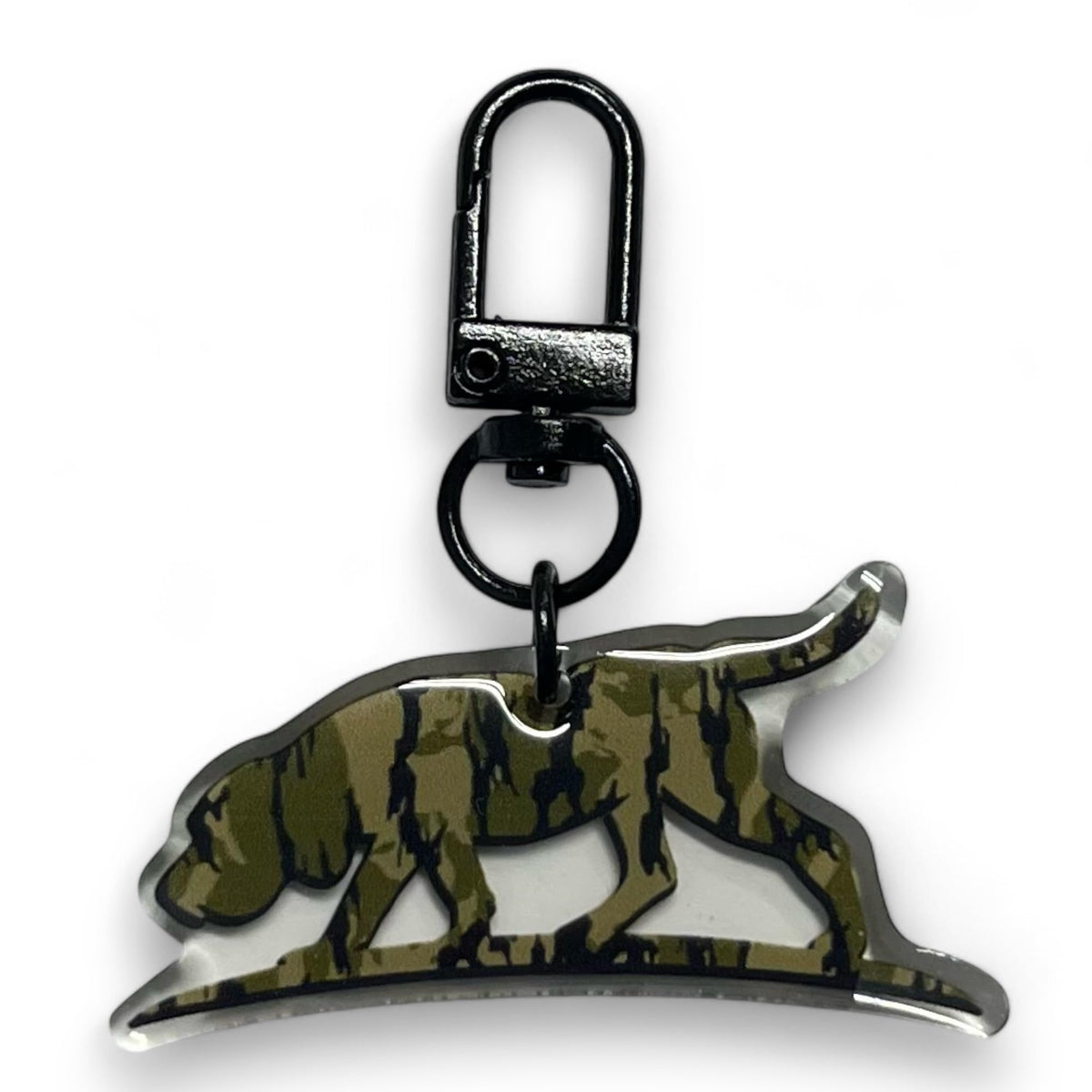 Scent South Dog Key Chain with camo hound on a swivel hook for easy key access.