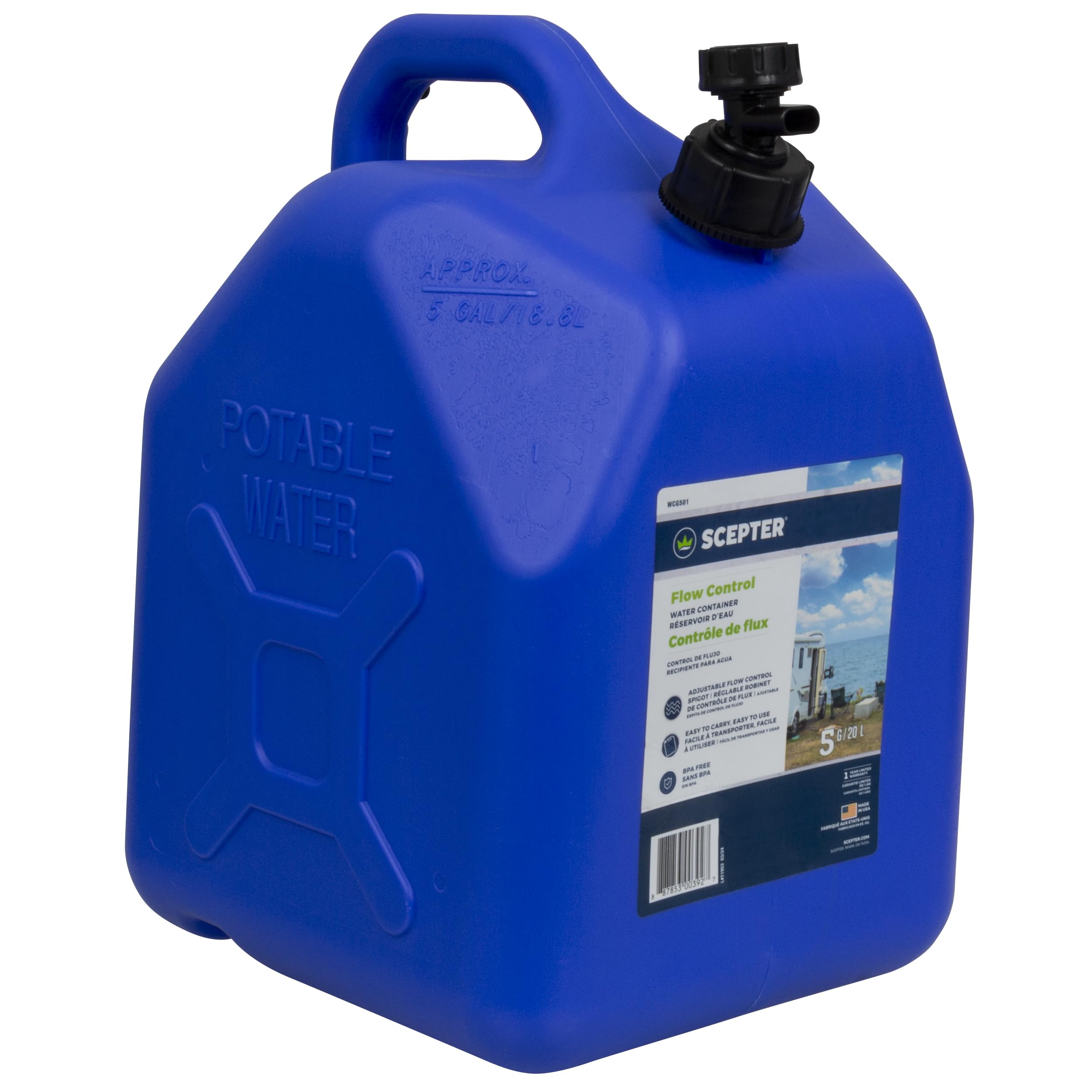 Scepter Flow Control 5-Gallon Water Can pour demonstrates controlled dispensing for outdoor use.