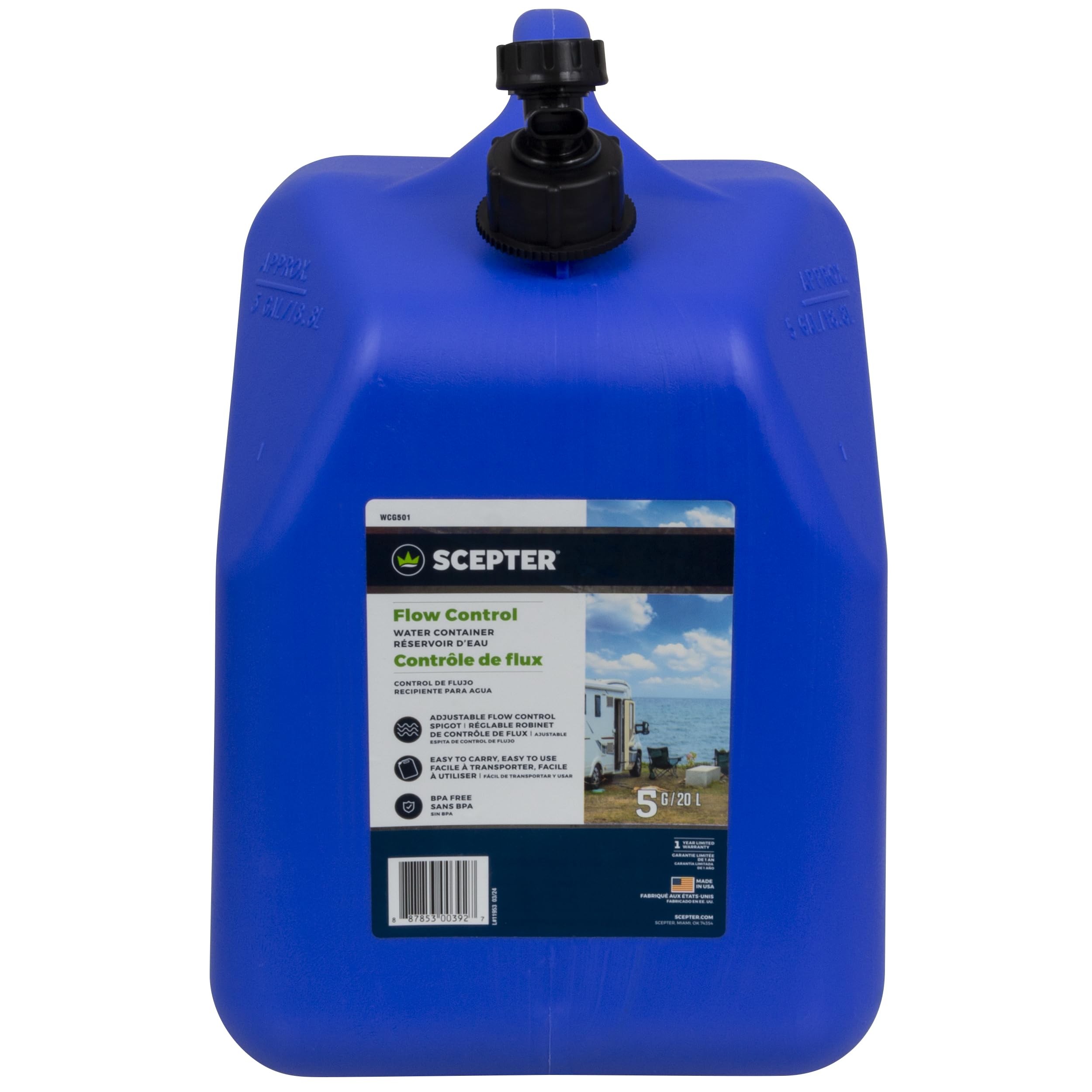Scepter Flow Control stand-and-use design facilitates upright transport and easy pouring.