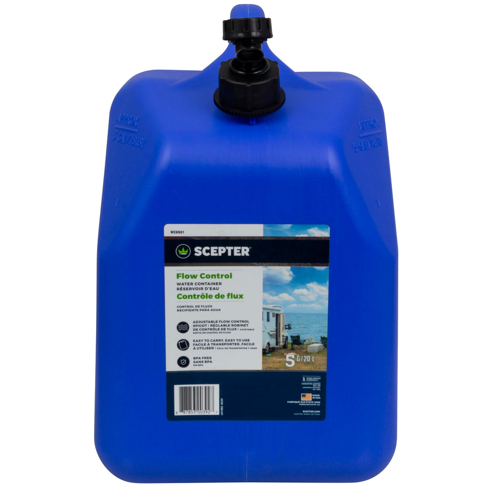 Scepter Flow Control stand-and-use design facilitates upright transport and easy pouring.