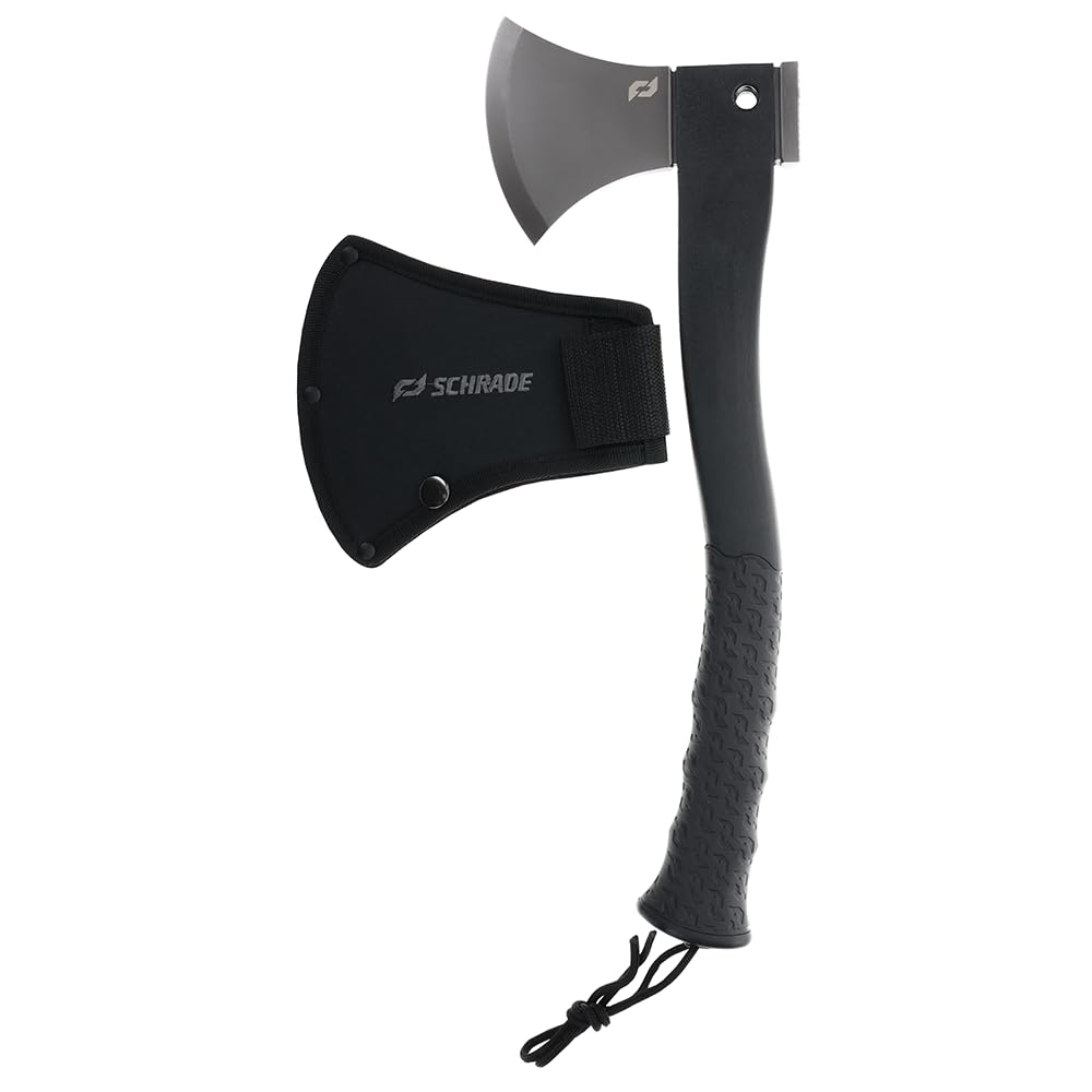 Schrade Delta Class Bedrock Magnum Axe blade detail with titanium coating for durability.