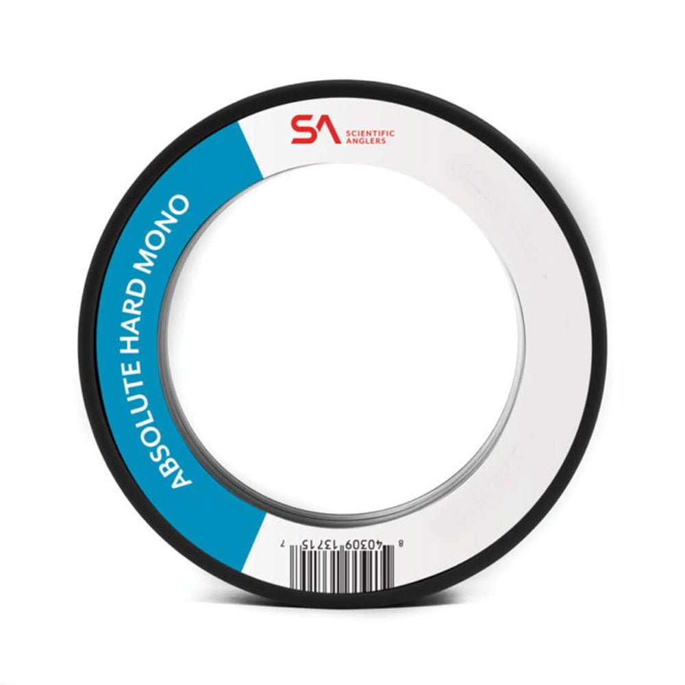 Scientific Anglers Absolute Hard Mono Tippet packaging closeup displaying low water absorption material.