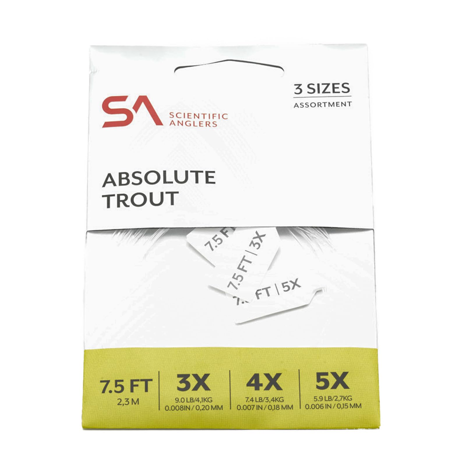 Scientific Anglers Absolute Trout Leader Assortment 7.5 ft displayed, ideal for precise trout presentations and strong wet-knot performance.