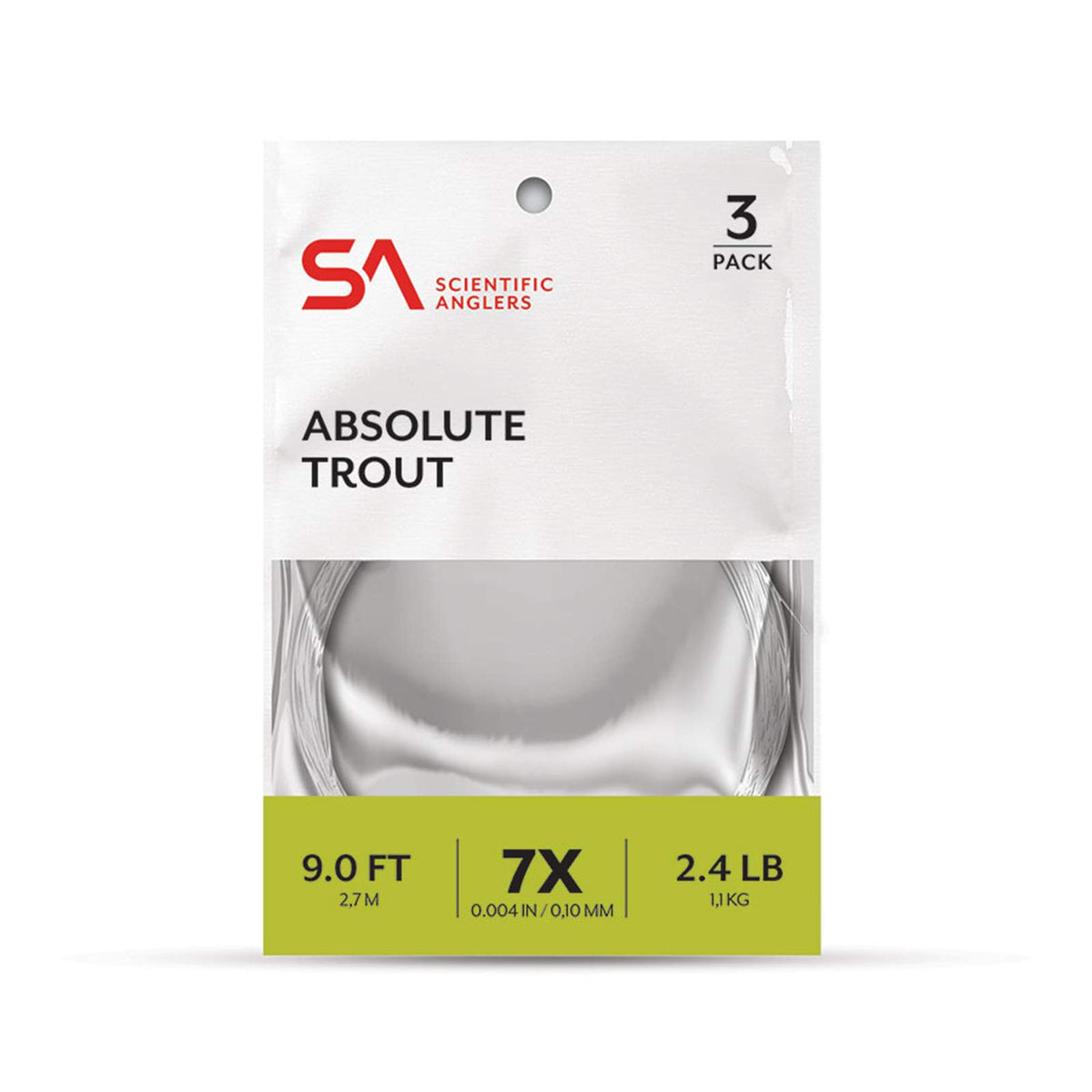 Scientific Anglers Absolute Trout Leaders packaging highlights recyclable materials and durable copolymer construction.