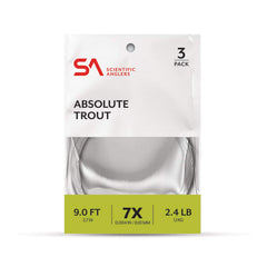 Scientific Anglers Absolute Trout Leaders packaging highlights recyclable materials and durable copolymer construction.