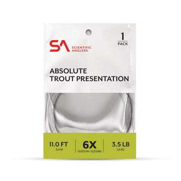 Scientific Anglers Absolute Trout Presentation Leader 11ft 5X for delicate presentation and knot strength.