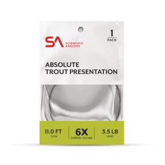Scientific Anglers Absolute Trout Presentation Leader, 11ft 6X, enables delicate drifts with strong knots.