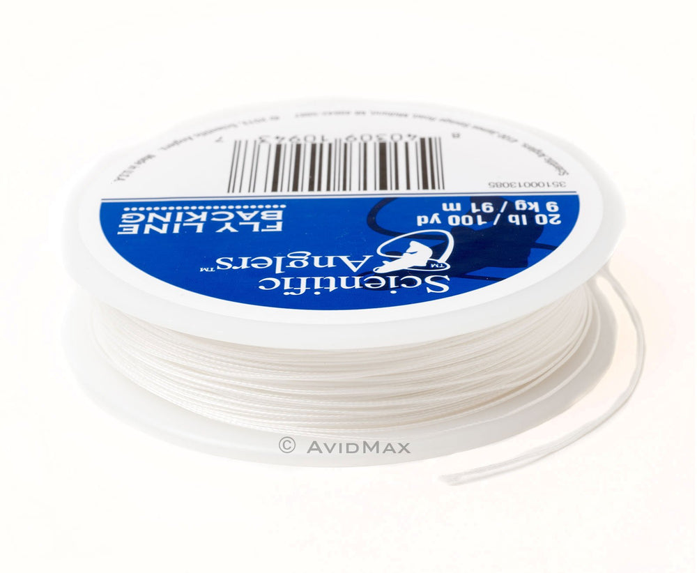 Scientific Anglers backing Dacron 20 lb close-up highlights thin diameter and tight weave.