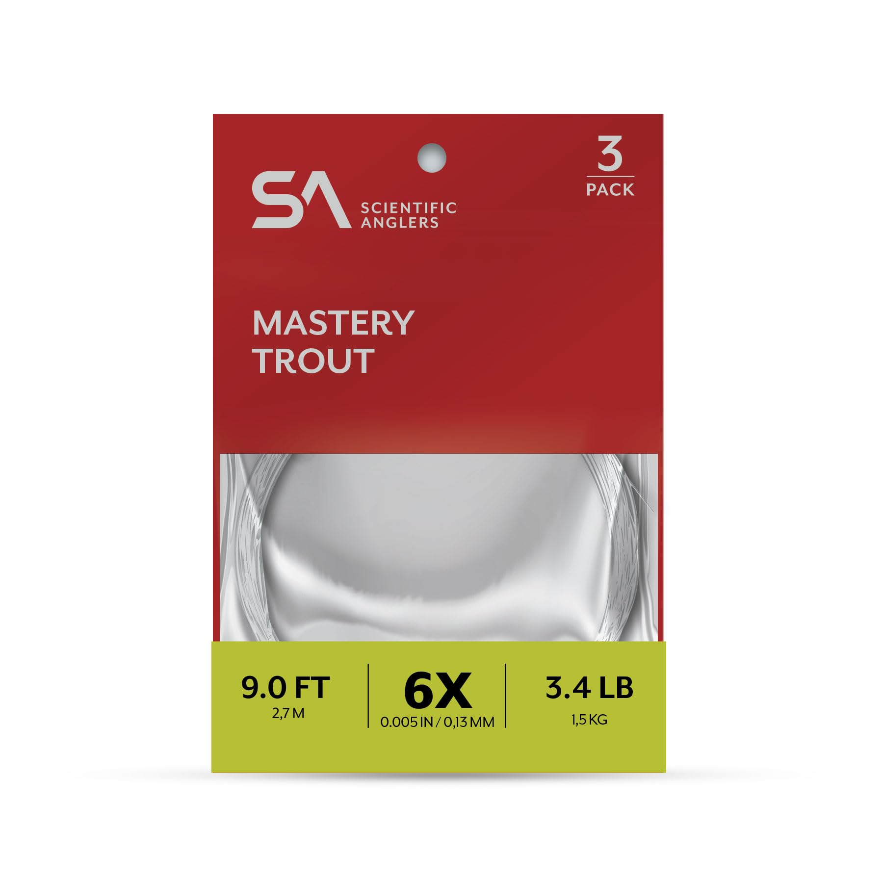 Scientific Anglers Mastery Trout Leader 9ft, durable and balanced for dries and nymphs.