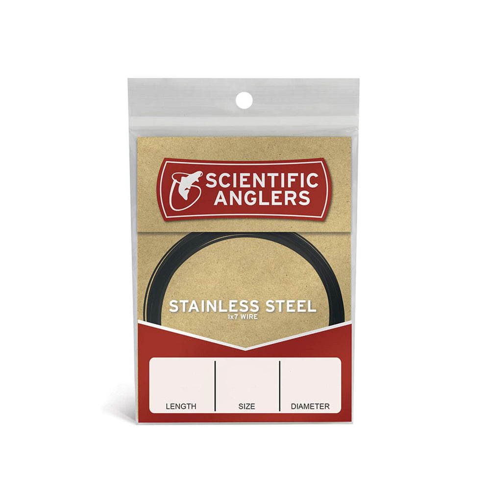 Scientific Anglers stainless steel wire 30ft, bite-resistant and low-visibility.