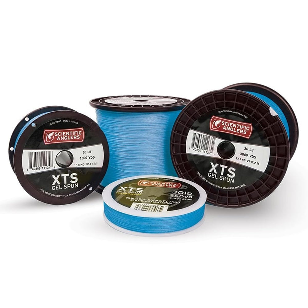 Scientific Anglers XTS backing in blue demonstrates high visibility and abrasion resistance for demanding fishing setups.