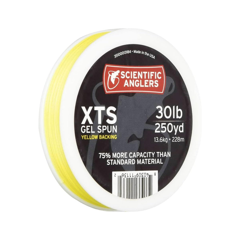 Scientific Anglers XTS gel-spun backing on a yellow spool, highlighting enhanced capacity.