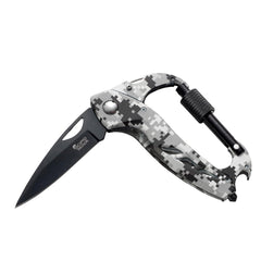 Scipio camo pocket knife carabiner handle keeps you securely attached.