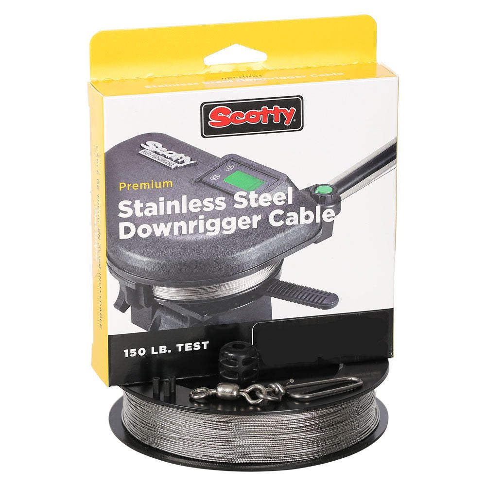 Scotty 1001K premium stainless steel downrigger cable close-up, built for saltwater durability