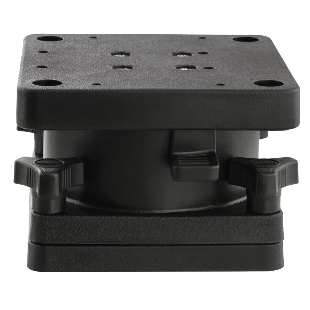 Scotty 1026 swivel pedestal mount enabling 360-degree downrigger positioning on deck.