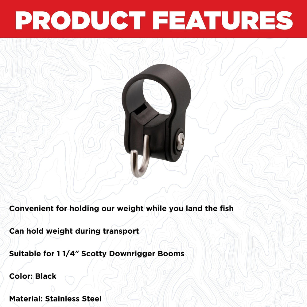 Scotty weight hook secures downrigger weights during transport and use
