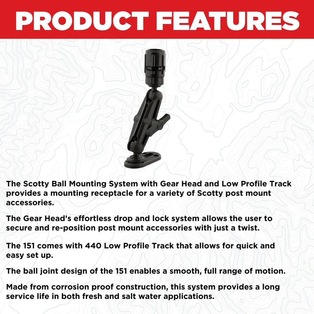 Scotty 151 ball mounting system side view in black highlights easy adjustability
