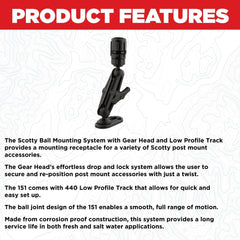 Scotty 151 ball mounting system side view in black highlights easy adjustability