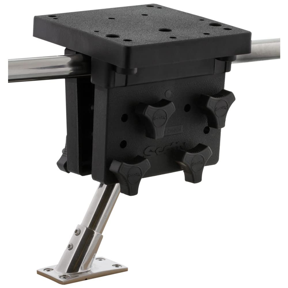Scotty 2027 stanchion rail mount top plate for drill-free secure mounting on boat rails.
