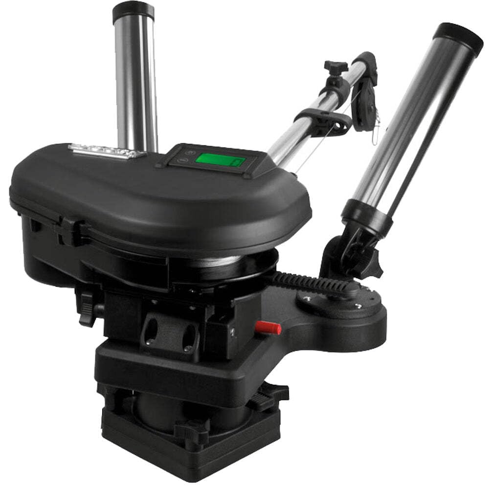 Scotty 2116 downrigger with extended boom for versatile depth control.
