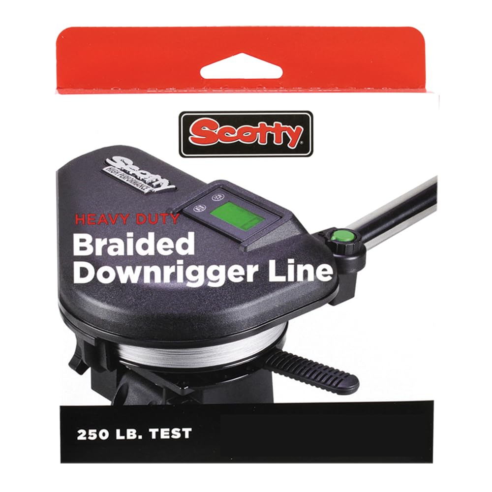 Scotty 2201K braided downrigger line in setup with Coastlock snap enhances rigging durability.