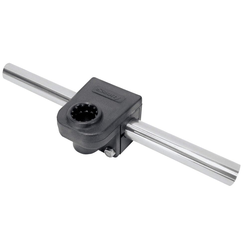Scotty 287 round rail mount adapter on 7-8-inch rail provides secure boat mounting.