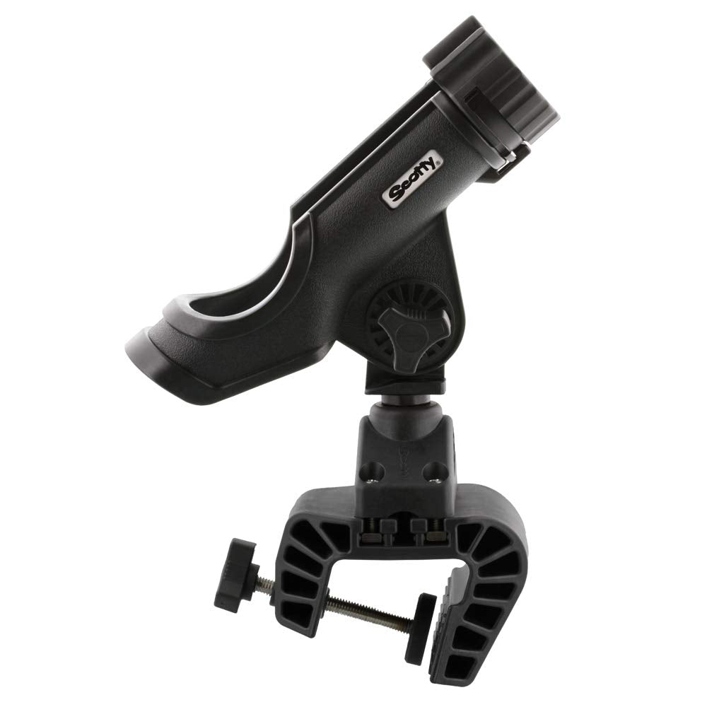 Scotty 339-BK rod holder mounted on clamp base for portable setup.