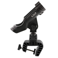 Scotty 339-BK rod holder mounted on clamp base for portable setup.