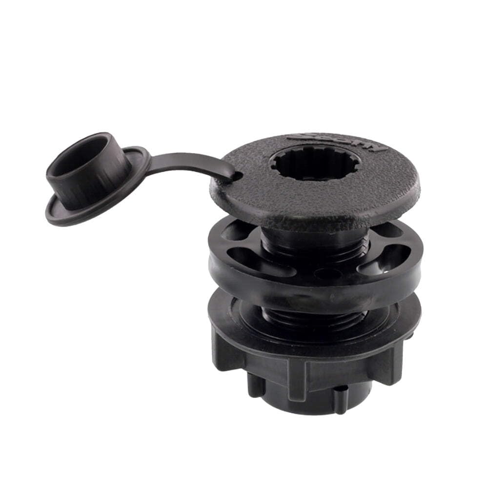 Scotty 444-BK base cap detail showing sealed bottom and splash protection.