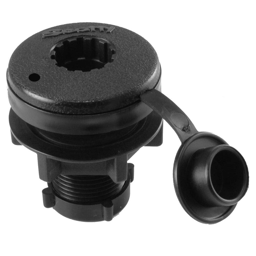 Scotty 444-BK compact round flush deck mount on boat deck with rain cap for outdoor use.