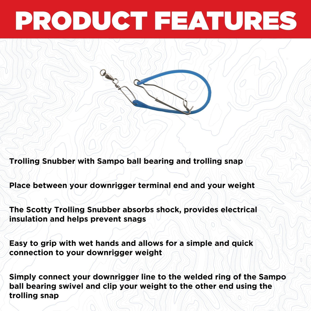 Scotty downrigger snubber with snap ensures quick, secure weight connections.
