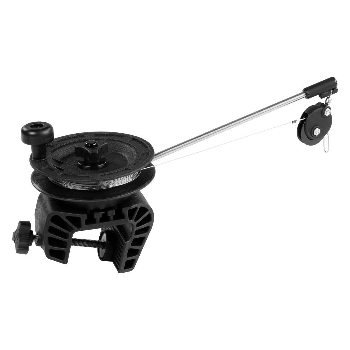 Scotty Laketroller manual downrigger with clamp mount for stable trolling on small boats.