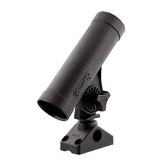 Scotty Rodmaster 8in tube holder on boat railing keeps rods secure.