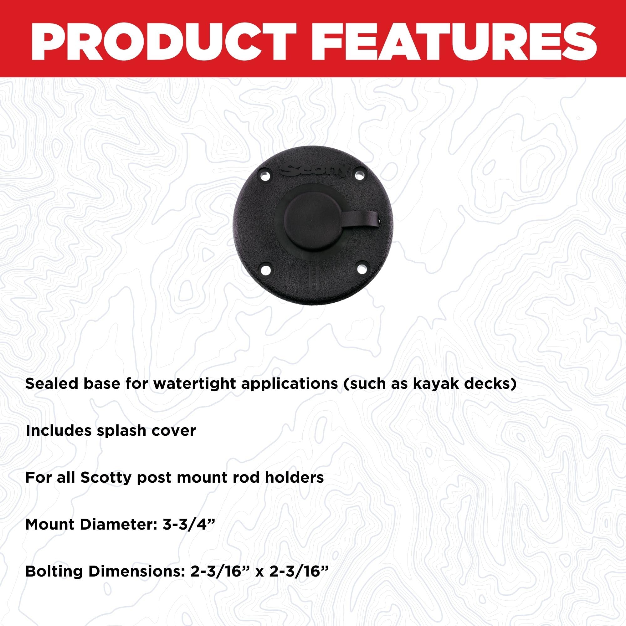 Scotty 344-BK bracket on dark hull showing sealed bottom and rain cap.
