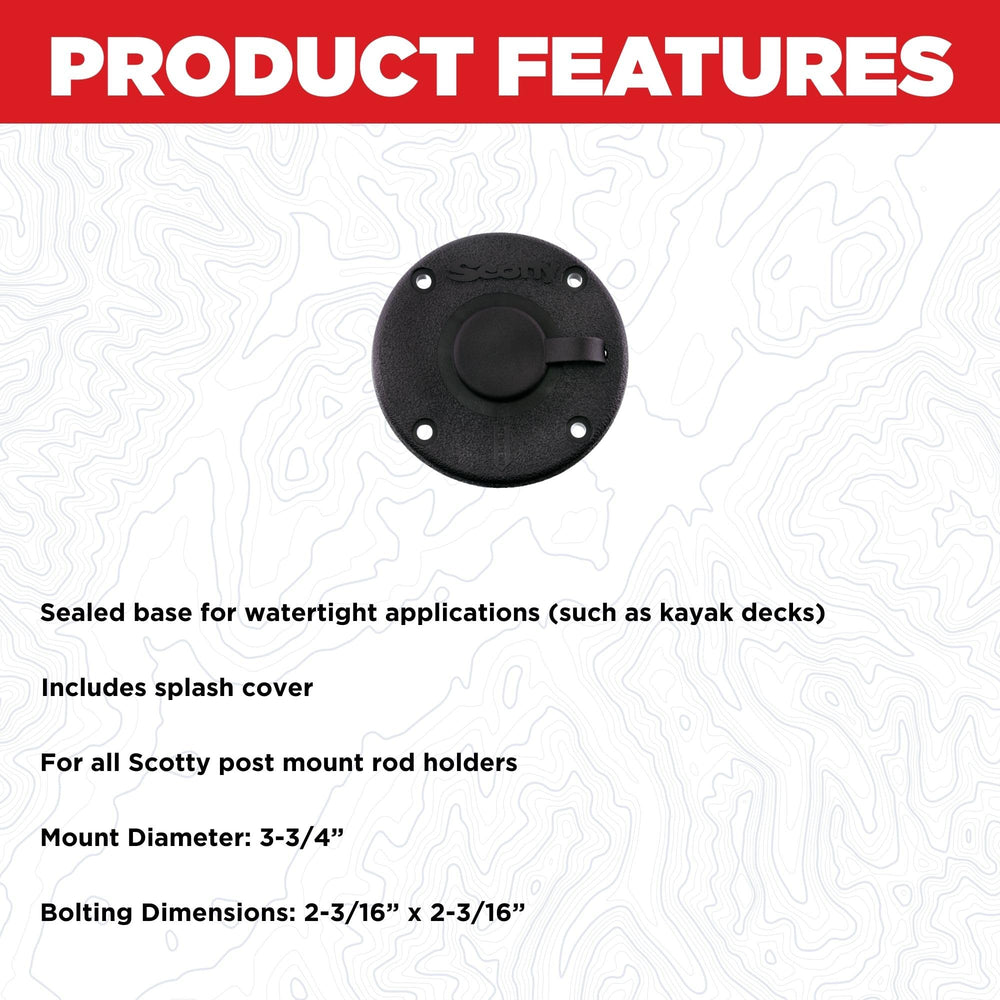 Scotty 344-BK bracket on dark hull showing sealed bottom and rain cap.