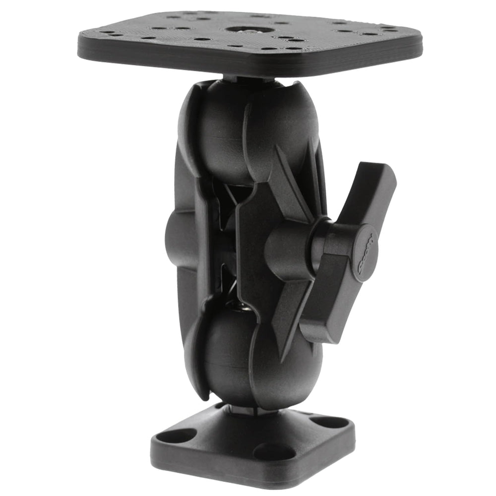 Scotty 164 ball mount with sounder plate angled view for secure marine electronics.