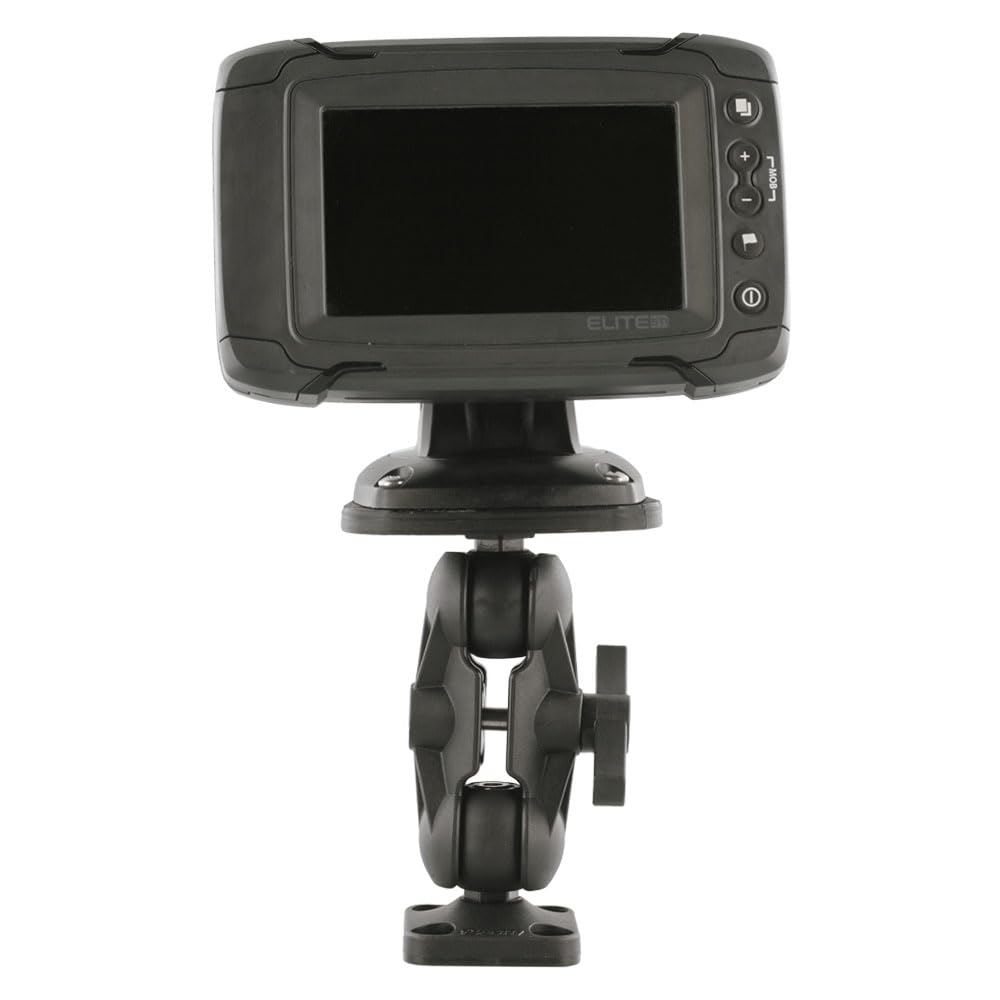 Scotty 164 ball mount on boat rail demonstrates portable device stability in rough water.