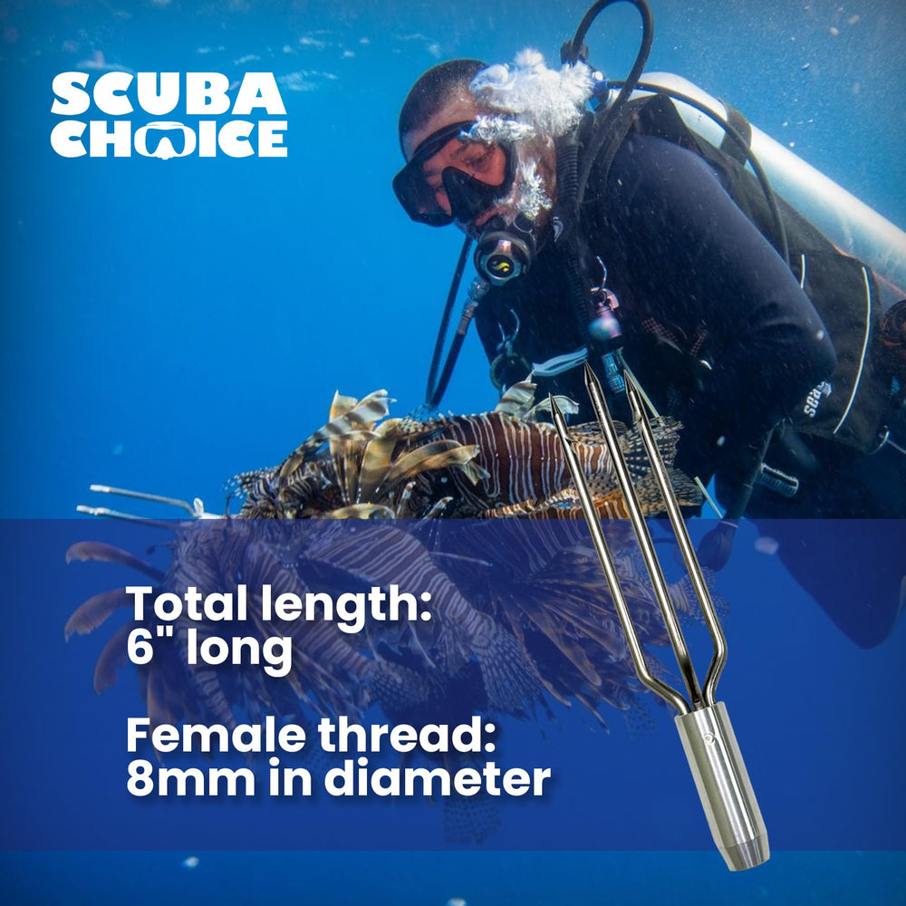 Scuba Choice ice fishing ready stainless steel tip withstands cold-water use.