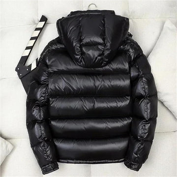 SDKOLPBNMZX hooded puffer jacket, front view, close-up of hood and zippers.