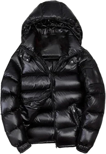 SDKOLPBNMZX men’s winter puffer jacket in black with hood, reliable warmth for cold weather.