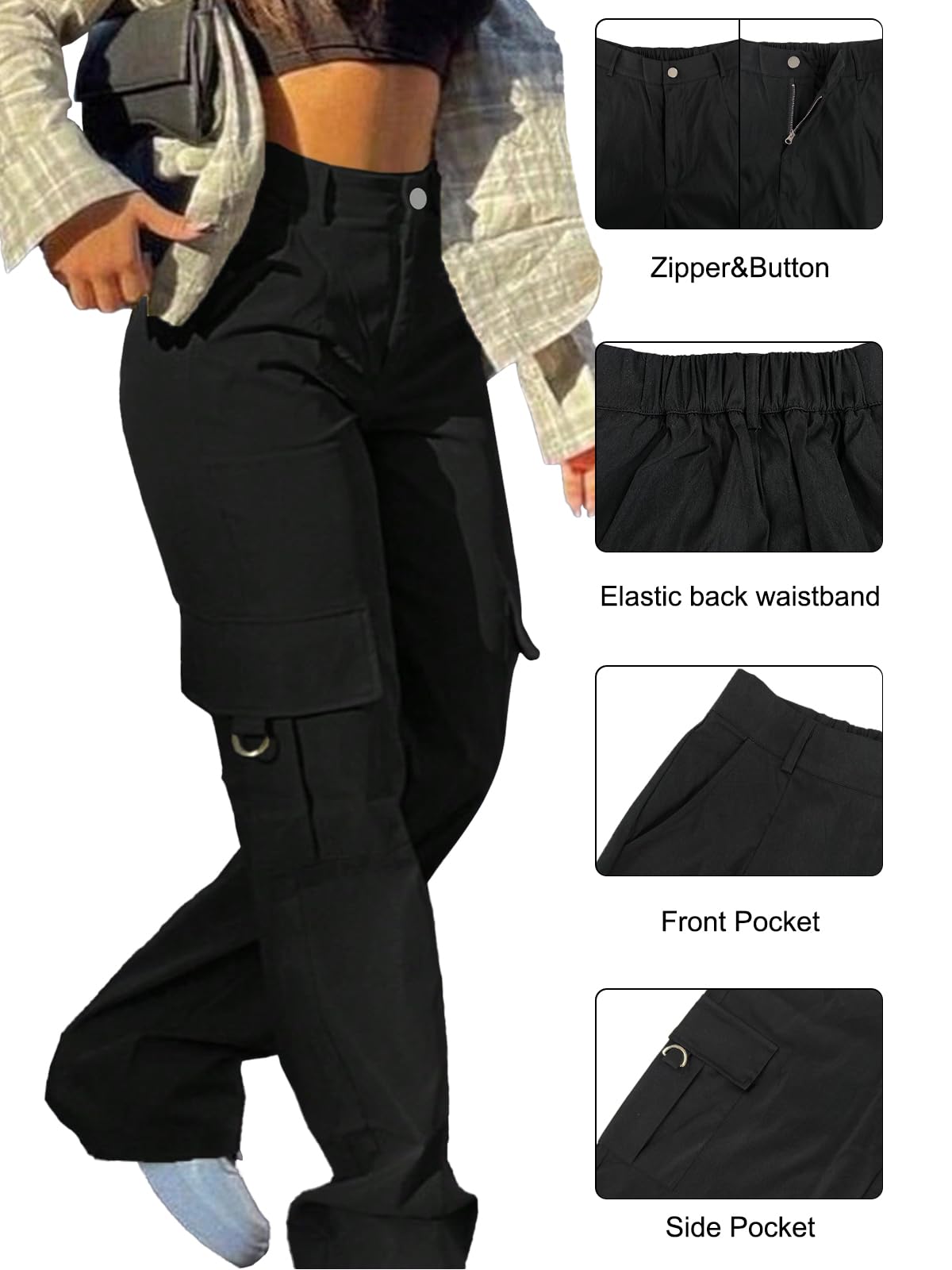 SDNGED black cargo pants model outfit styled for Y2K streetwear looks