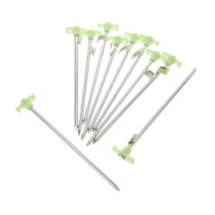 SE 10-and-a-half-inch metal tent pegs with glow-in-the-dark stoppers for night visibility.