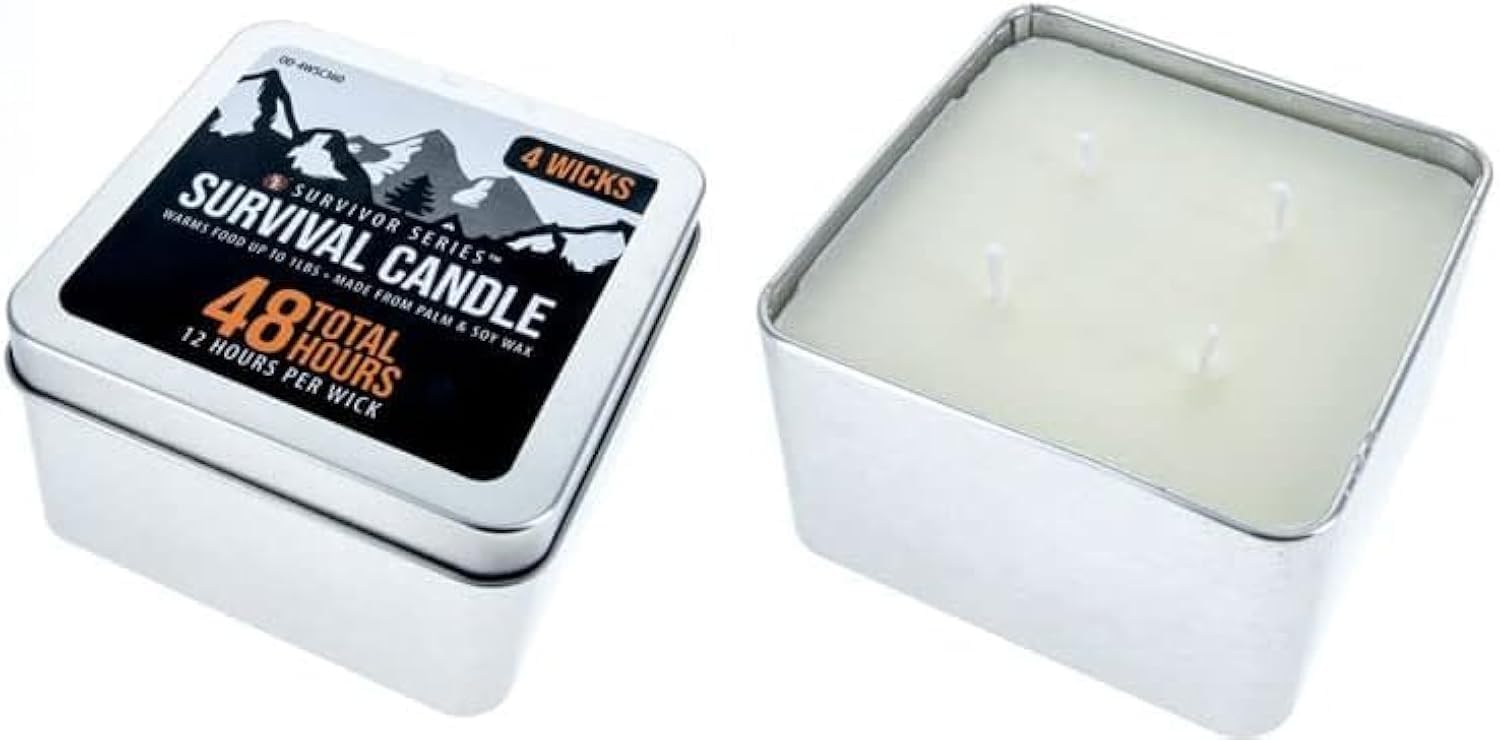SE 4-Wick emergency candle in tin box provides steady light during emergencies