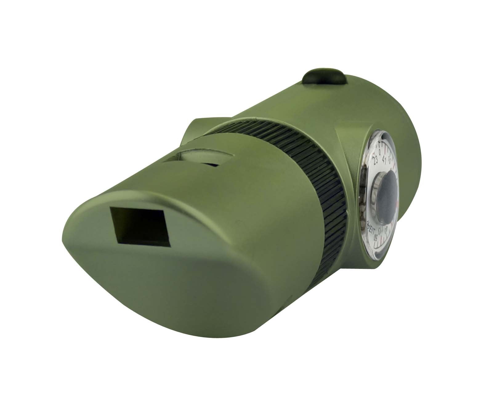 SE 7-in-1 green survival whistle compass feature aids navigation.