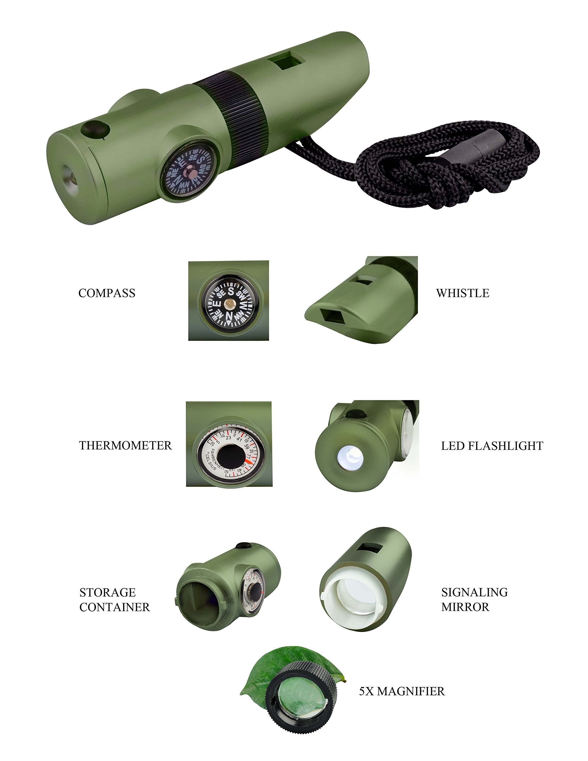 SE 7-in-1 green survival whistle with LED light for night visibility.