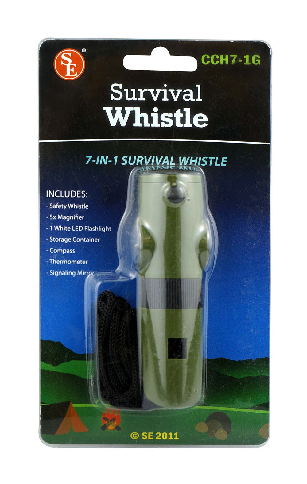 SE 7-in-1 green survival whistle attached to a lanyard for hands-free carry.