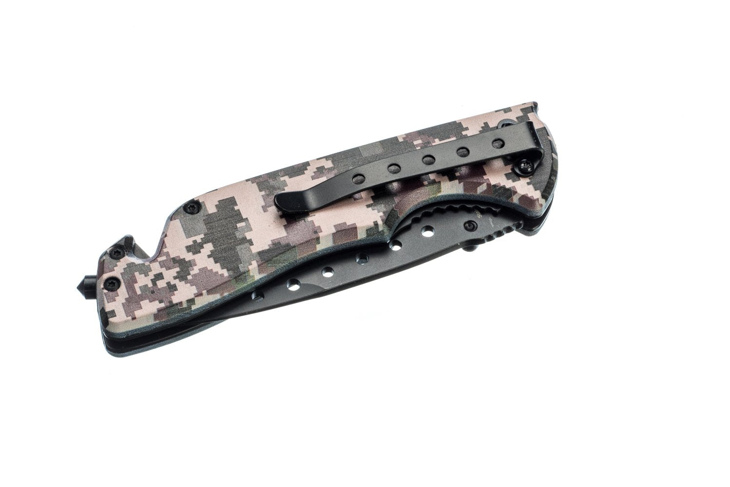 Close-up of SE Desert Digital Camo blade highlighting the drop point design